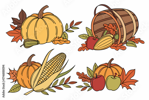 set of Autumn harvest still life composition, seasonal silhouette vector illustration
