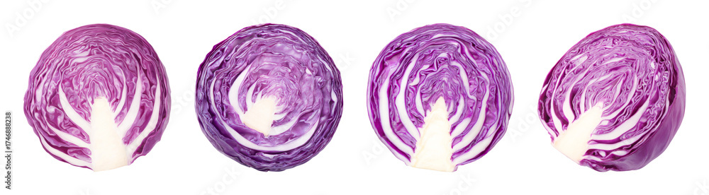 Obraz premium Vibrant Red Cabbage Halves Isolated on Black, Fresh Ingredient for Healthy Cuisine and Culinary Design PNG set with transparent background