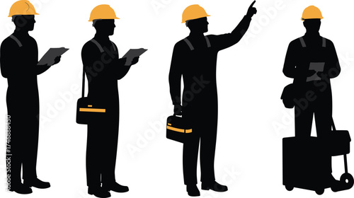 Silhouettes of Construction Engineers with Tools, Helmets, and Equipment in Various Poses for Industrial, Safety, and Engineering Workflow Concepts