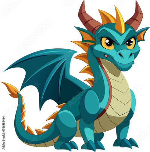 Friendly teal dragon with spikes and wings ready for adventure