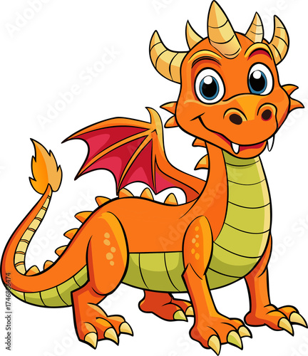 Cute cartoon orange dragon with wings and horns standing proudly