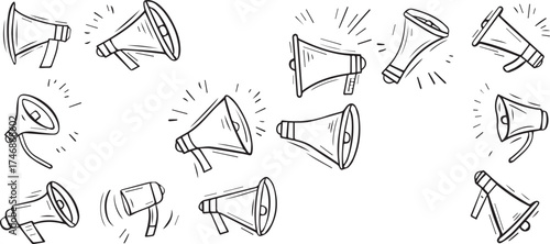set of simple line art doodles, megaphone icons in different positions on a white background, vector illustration, minimalist design