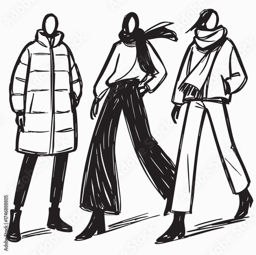 Abstract cartoon sketch fashion illustration in warm winter clothes. Persons in down coat, jacket, pants