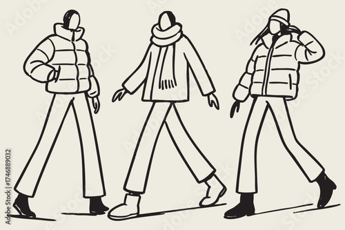 Abstract cartoon sketch fashion illustration. Three girls in down in Winter, autumn clothes