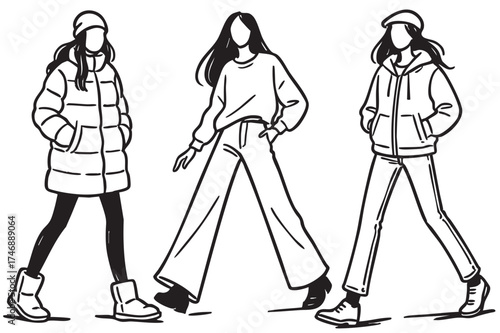 Abstract cartoon sketch fashion illustration. Three girls in down in Winter, autumn clothes