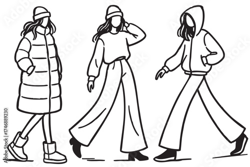 Abstract cartoon sketch fashion illustration in warm winter clothes. Persons in down coat, jacket, pants