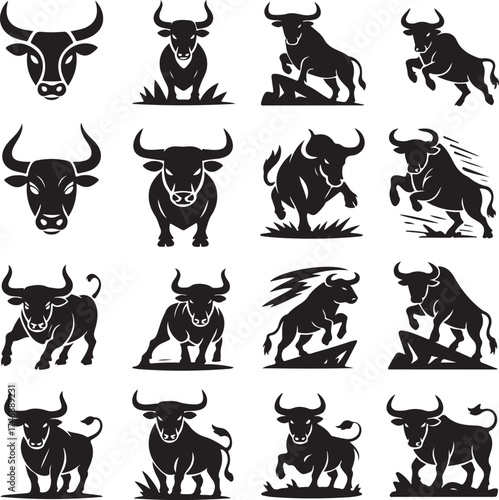 Collection of Bull Silhouettes in Various Poses Vector Illustration for Branding and Design Projects Symbolizing Strength and Power
