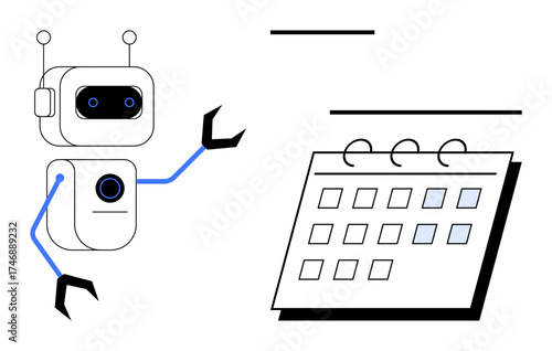 Robot reaching toward a calendar, representing automation in planning. Ideal for AI, productivity, task management, scheduling, futuristic technology, workplace efficiency, simple flat metaphor