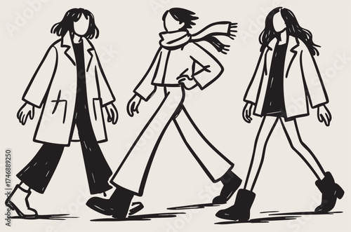 Abstract cartoon sketch fashion illustration in warm winter clothes. Persons in down coat, jacket, pants