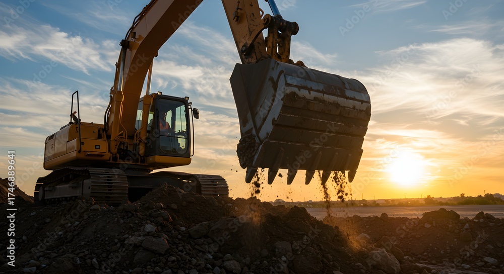 Fototapeta premium A large yellow excavator digging dirt at sunset