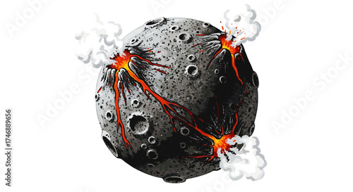 Volcanic Moon Illustration with Lava Flows and Cratered Surface