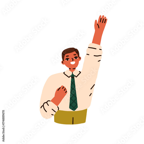 Boy student raising hand, asking gesture. Happy schoolboy with arm up, greeting. Cheerful joyful smiling child. Excited glad school kid. Flat vector illustration isolated on white background.