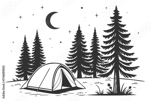  landscape, moonlit forest, pine trees, crescent moon, stars, tent, minimalist, black and white, line art