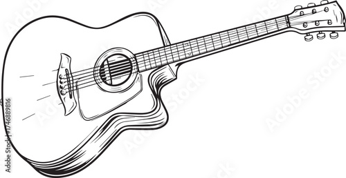 vector line art of an acoustic guitar, a simple vector outline drawing on a white background, with no shadows or grey color