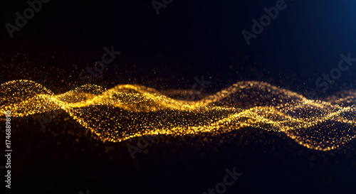 Elegant Golden Particle Waveforms Flowing in Dark Space with Glittering Highlights