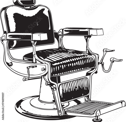 vintage barber chair vector illustration with a white background, line art in the style of engraving