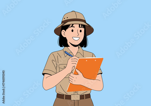 A young explorer in a safari hat diligently taking notes on an orange clipboard.
