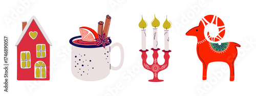 Cozy Christmas Holiday elements collection. Cute vintage festive set including yule goat, decorative house, mulled wine, candle. Traditional Scandinavian symbols. Hand drawn vector illustration