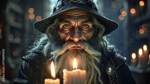  Anciano mago de larga barba blanca con mirada penetrante 