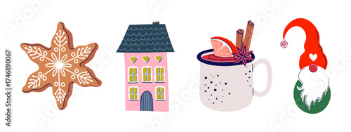 Cozy Christmas Holiday elements collection. Cute festive set including Winter cookie, decorative house, mulled wine, Gnome. Traditional Scandinavian symbols. Hand drawn flat design vector illustration