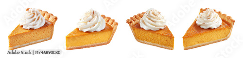 Delicious slices of festive pumpkin pie topped with creamy whipped cream and a sprinkle of cinnamon, presented as a PNG set with transparent background