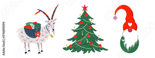 Festive Christmas elements including Yule Goat, Decorated Tree, and Gnome. Vintage happy holidays set. Traditional Scandinavian symbols. Hand drawn flat design vector illustrations.