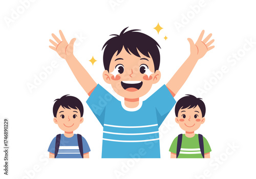 Excited young boys with backpacks showing their enthusiasm for learning and school adventures.