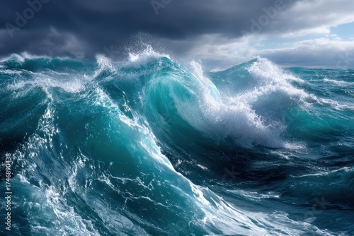 Turbulent ocean waves crash under a cloudy sky during a stormy day by the coastline