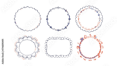 Hand drawn baby shower frames and borders. Vintage scallop trim for wedding or birthday cards decoration, whimsical coquette vector design set.icon
