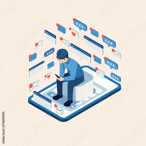 An illustration depicting a person overwhelmed by notifications while sitting on a large smartphone.