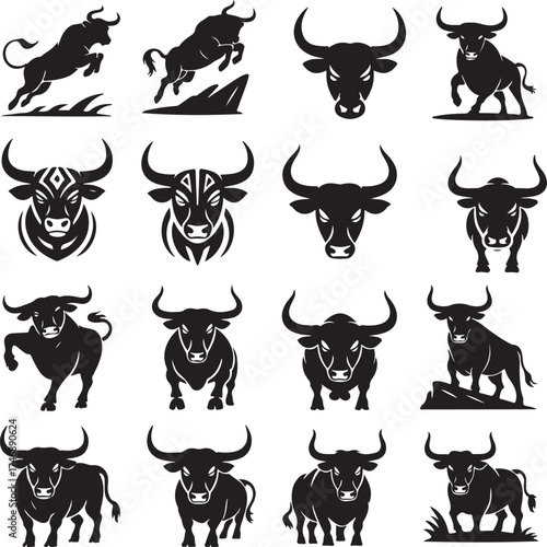 Collection of Sixteen Stylized Bull Silhouettes in Vector Format for Various Design Applications and Graphic Projects