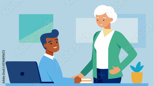 An office scene depicting a mentorship relationship with a senior employee supporting a junior one in career development diverse in background and gender.