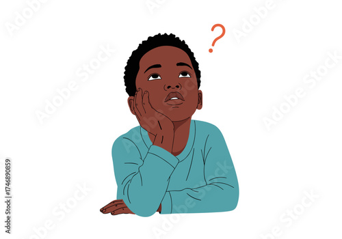 A young boy contemplates a question mark above his head in deep thought.