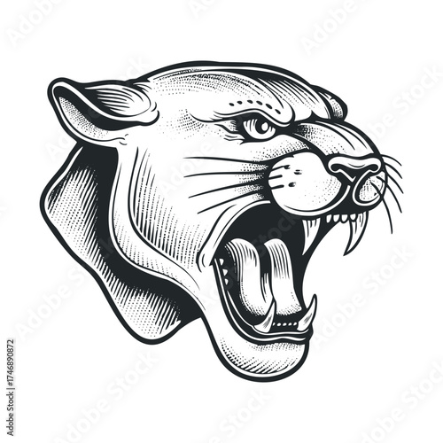 Roaring panther head design for bold graphic art. Vector hand drawn illustration