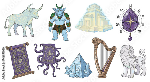 Fantasy Set with Mythical Creatures, Magic Items and Ancient Artefacts