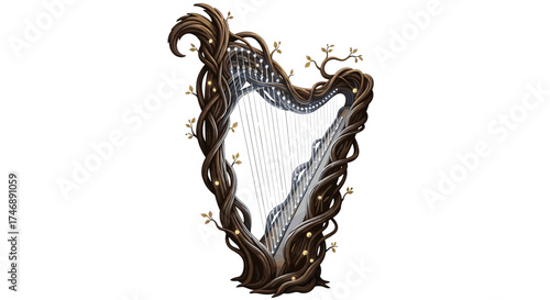 Enchanted Wooden Harp with Fairy Lights and Emerging Leaves