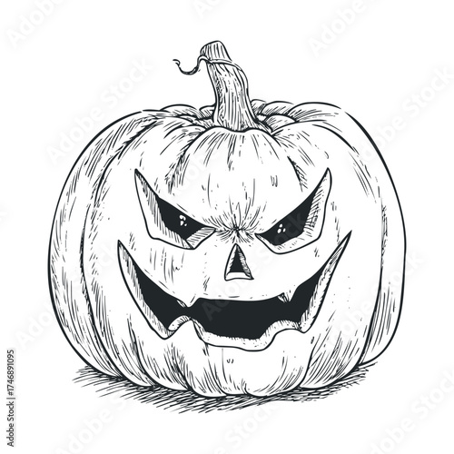 Classic Halloween pumpkin with a spooky face for seasonal decor. Vector hand drawn illustration
