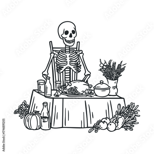 Festive dinner with skeleton and autumn harvest decorations. Vector hand drawn illustration