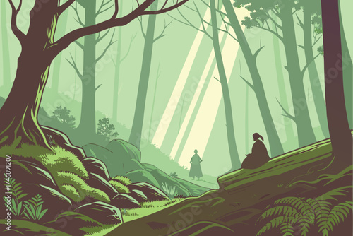 fantasy forest scene, magical light rays streaming through trees, silhouette figures meditating, fallen logs and moss covered rocks, lush greenery, ethereal atmosphere, digital art, trending on art