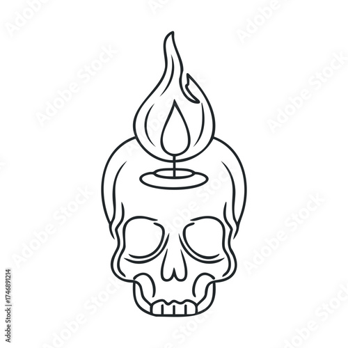 Skull with candle flame representing life and mortality concepts. Vector line illustration