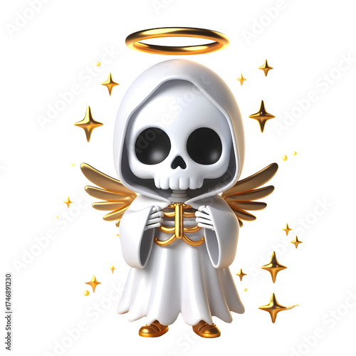 Cute 3d skeleton wearing ghost cloak surrounded by a golden halo isolated on white background