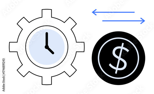 Gear with integrated clock beside a dollar coin, connected by arrows symbolizing exchange. Ideal for productivity, efficiency, time management, finance, investment, savings, simple flat metaphor