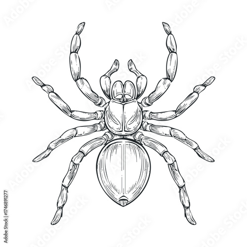 Intricate and realistic spider drawing. Vector hand drawn illustration