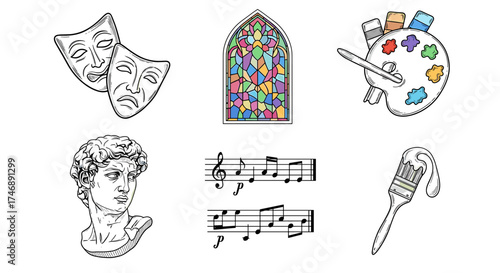 Artistic Collage Illustration Showcasing Diverse Art Forms on a White Background