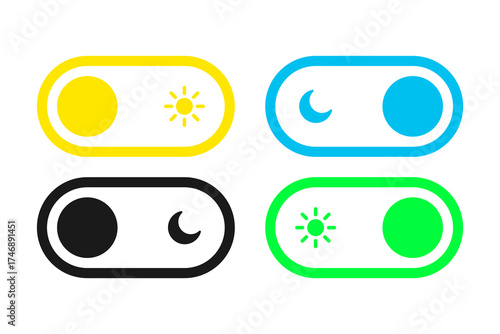 On and Off toggle switch buttons. Day and night switch icons in flat modern style. Light and dark mode toggle buttons for app or website interface design.