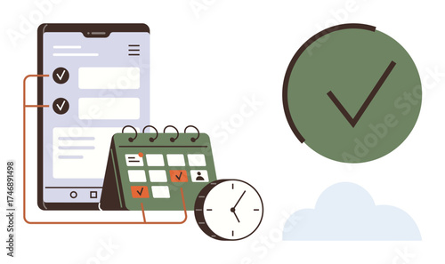 Digital checklist on a smartphone, calendar with marked dates, clock, large green checkmark, and a cloud. Ideal for productivity, time management, planning, scheduling organization task tracking