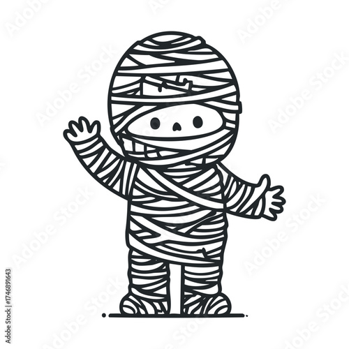 Cute mummy character ready for Halloween fun and activities. Vector hand drawn illustration