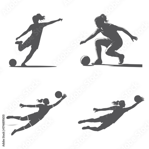 Four dynamic silhouette illustrations of female soccer players in action on a white background silhouette