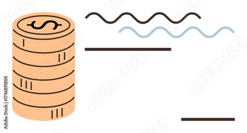 Vertical stack of coins next to wavy and straight lines symbolizing economic growth, savings, income, market trends, investment analytics, wealth management, financial planning. Ideal for business
