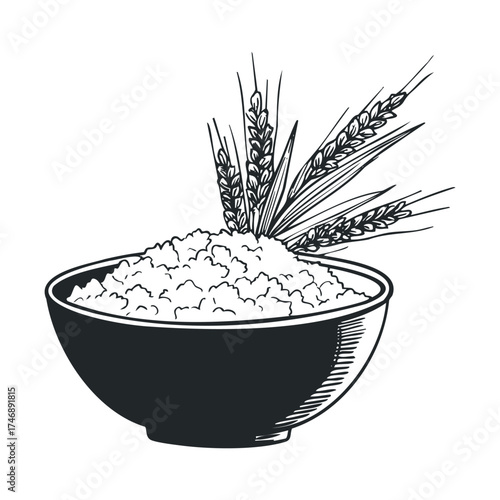 Bowl of rice with wheat stalks as a symbol of harvest season. Vector hand drawn illustration